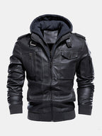 mens washed pu leather zip up pocket detachable hooded elastic hem thick jackets