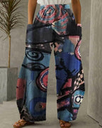 women cotton linen pocket abstract art printing pants