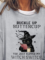 Casual Cat Printed Long-Sleeved Crew Neck Sweatshirt