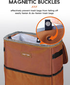 HOTOR Car Trash Can, 3-Gallon Ultra-Large Car Garbage Can, 100% Leakproof &amp; Waterproof Trash Can for Car, Multipurpose Car Trash Bin with Adjustable Straps, Magnetic Buckles, Mesh Pockets (Brown)