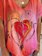 Love Printed V-neck Zipper Loose Casual Short-sleeved T-shirt