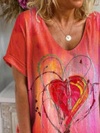 Love Printed V-neck Zipper Loose Casual Short-sleeved T-shirt