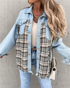 denim stitching plaid coat loose top
