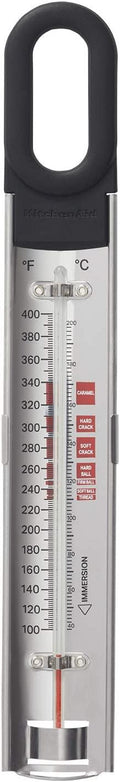 KitchenAid KQ907 Curved Stainless Steel Paddle Style Candy and Deep Fry Thermometer with pan clip, TEMPERATURE RANGE: 100F to 400F, Black
