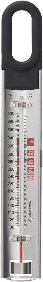 KitchenAid KQ907 Curved Stainless Steel Paddle Style Candy and Deep Fry Thermometer with pan clip, TEMPERATURE RANGE: 100F to 400F, Black