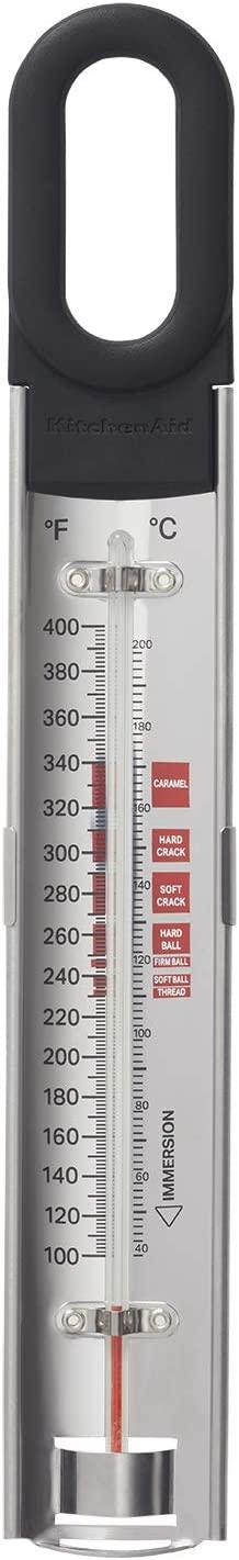 KitchenAid KQ907 Curved Stainless Steel Paddle Style Candy and Deep Fry Thermometer with pan clip, TEMPERATURE RANGE: 100F to 400F, Black