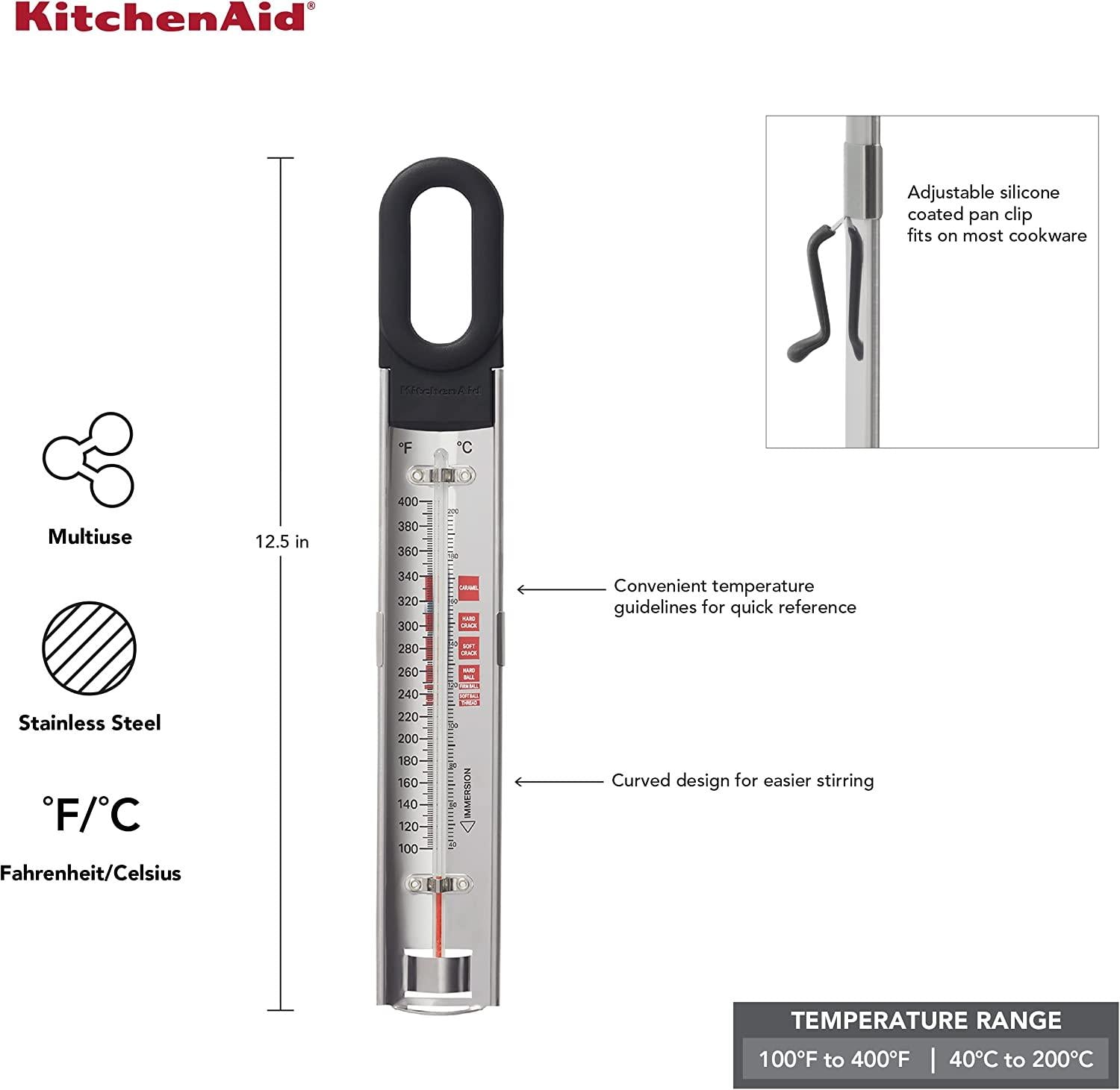 KitchenAid KQ907 Curved Stainless Steel Paddle Style Candy and Deep Fry Thermometer with pan clip, TEMPERATURE RANGE: 100F to 400F, Black