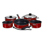 Nesting 10-Piece Induction Compatible Cookware - Red Exterior & Non-Stick