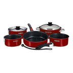 Nesting 10-Piece Induction Compatible Cookware - Red Exterior & Non-Stick