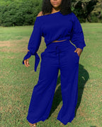 Lace-Up Back Long Sleeve Top &amp; Drawstring Wide Leg Pants Set