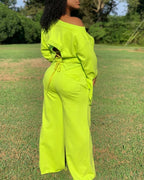 Lace-Up Back Long Sleeve Top &amp; Drawstring Wide Leg Pants Set