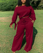 Lace-Up Back Long Sleeve Top &amp; Drawstring Wide Leg Pants Set