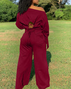 Lace-Up Back Long Sleeve Top &amp; Drawstring Wide Leg Pants Set