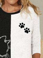 Colorblock Cat Print Round Neck Long Sleeve Casual T-shirt