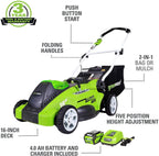 Greenworks 40V Push Lawn Mower, 16-Inch Electric Lawn Mower with 4.0Ah Battery and Charger Included