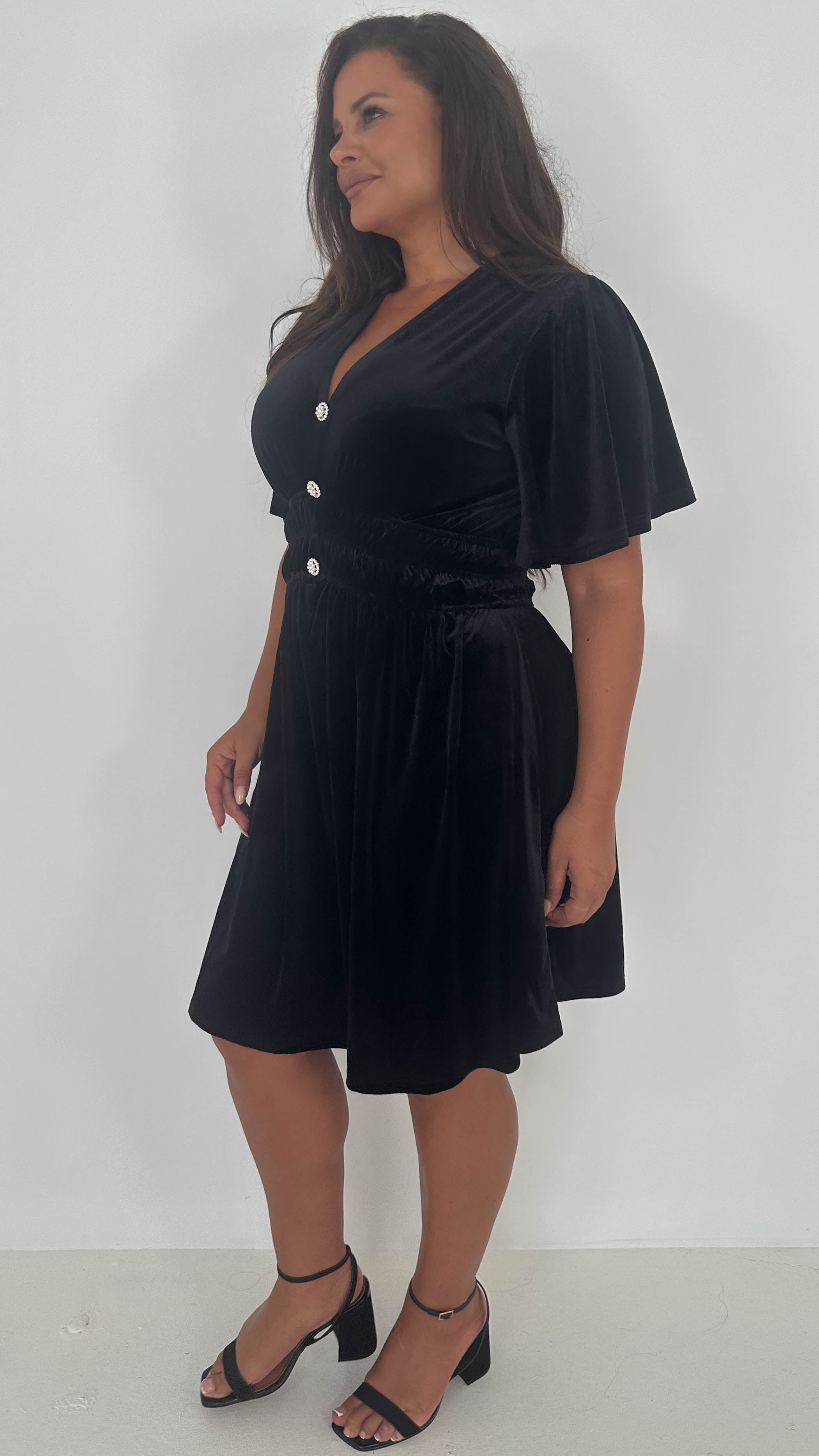 CurveWow Velvet Diamante Button Front Mini Dress Black