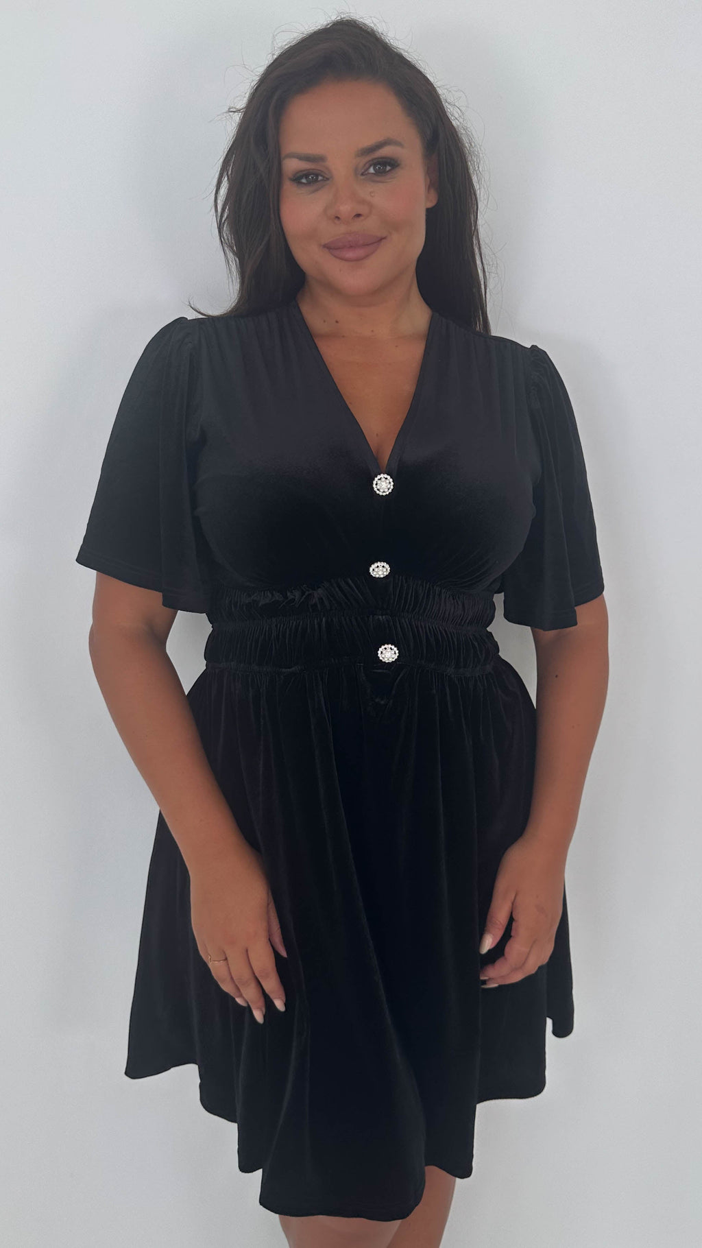 CurveWow Velvet Diamante Button Front Mini Dress Black