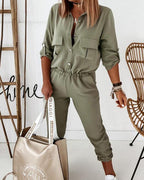 shirt collar half-sleeved single-breasted pockets cargo jumpsuit