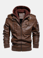 mens washed pu leather zip up pocket detachable hooded elastic hem thick jackets