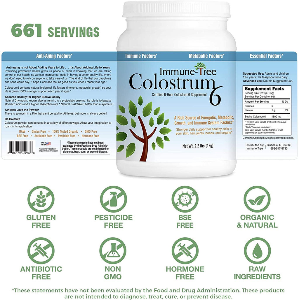 Immune Tree All Natural 100% Bovine Colostrum Powder | Maximum Strength | 661 Servings | 2.2lb (1 Kilo) | Certified 6 Hour | Absorbs Readily | Protects Natural Anti-Aging, Immune, Metabolic, & Other Essential Factors | Made in USA From Gras
