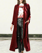 calf length red notched lapel velvet outerwear