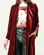 calf length red notched lapel velvet outerwear