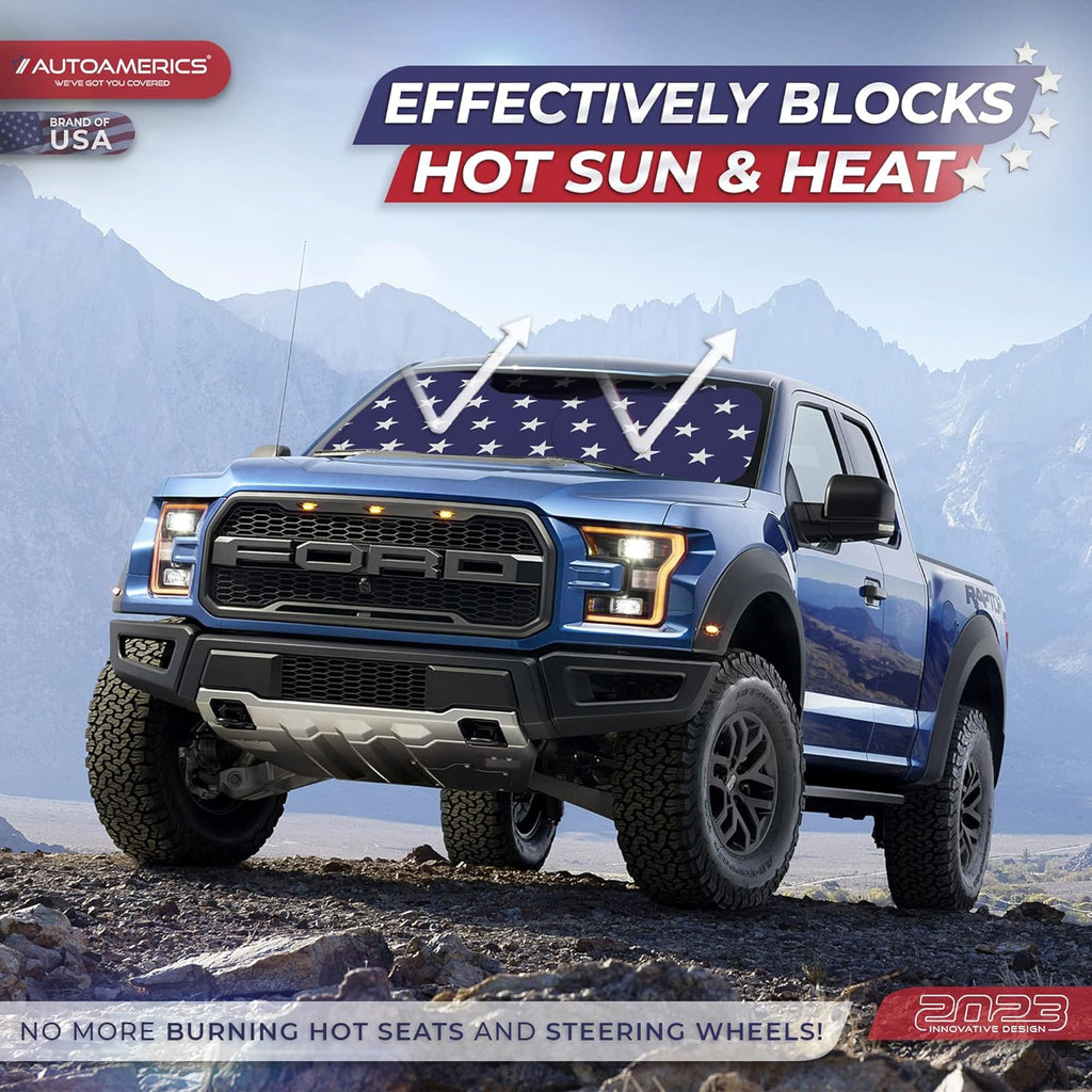 Autoamerics 1-Piece Windshield Sun Shade American Stars Flag USA Patriotic  - Foldable Car Front Window Sunshade for Sedans SUV Truck - Blocks Max UV Rays and Keeps Your Vehicle Cool - Medium