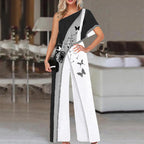 Fashion Dandelion Color Block Print Off-shoulder Jumpsuit Women