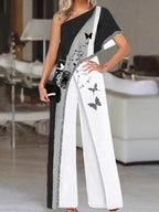 Fashion Dandelion Color Block Print Off-shoulder Jumpsuit Women