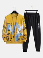 mens letter brush stroke print crew neck street two pieces outfits