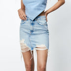 denim raw edge mini skirt