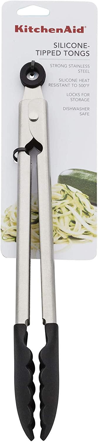 KitchenAid Silicone Tipped Stainless Steel Tongs, 10.26 Inch, Black