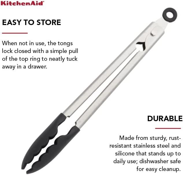 KitchenAid Silicone Tipped Stainless Steel Tongs, 10.26 Inch, Black