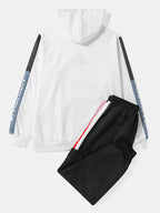 mens contrast patchwork letter pattern drawstring hooded casual two pieces outfits