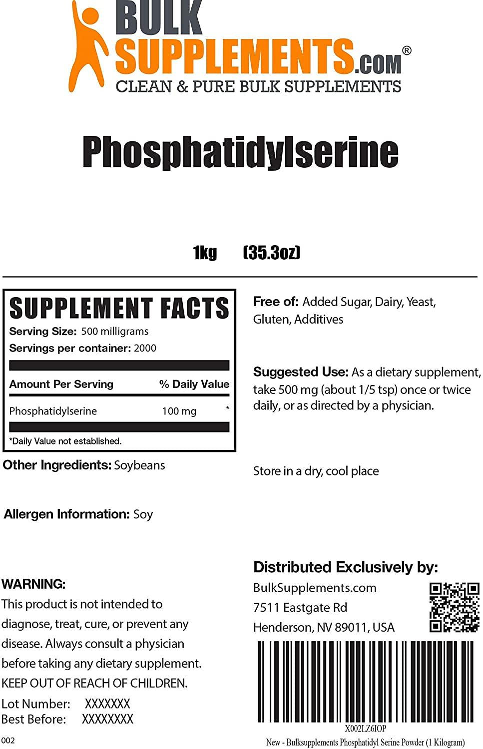 BulkSupplements.com Phosphatidylserine Powder - Brain Supplements - Brain Vitamins Memory for Adults - Memory Supplements - Focus Aid (1 Kilogram - 2.2 lbs)