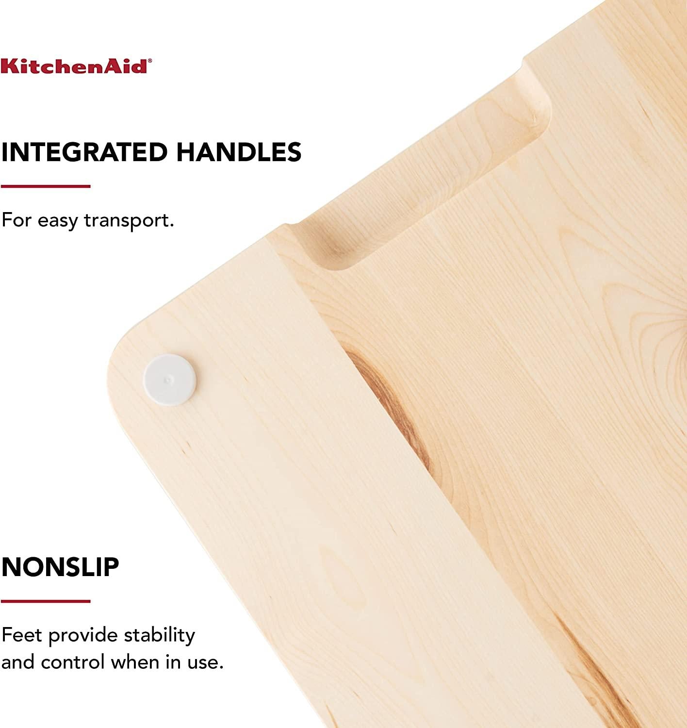 KitchenAid Gourmet Cutting Board with Non-Slip feet and Recessed Handles, Thick Chopping Board with Edge-Grain Design, Charcuterie Board, 12x16-inch, Birchwood