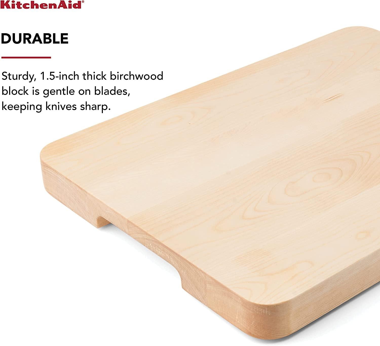 KitchenAid Gourmet Cutting Board with Non-Slip feet and Recessed Handles, Thick Chopping Board with Edge-Grain Design, Charcuterie Board, 12x16-inch, Birchwood