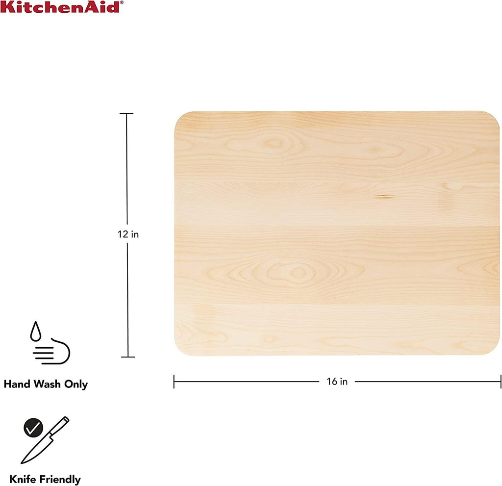 KitchenAid Gourmet Cutting Board with Non-Slip feet and Recessed Handles, Thick Chopping Board with Edge-Grain Design, Charcuterie Board, 12x16-inch, Birchwood