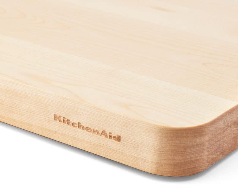 KitchenAid Gourmet Cutting Board with Non-Slip feet and Recessed Handles, Thick Chopping Board with Edge-Grain Design, Charcuterie Board, 12x16-inch, Birchwood