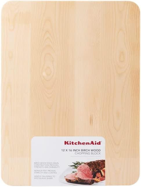KitchenAid Gourmet Cutting Board with Non-Slip feet and Recessed Handles, Thick Chopping Board with Edge-Grain Design, Charcuterie Board, 12x16-inch, Birchwood