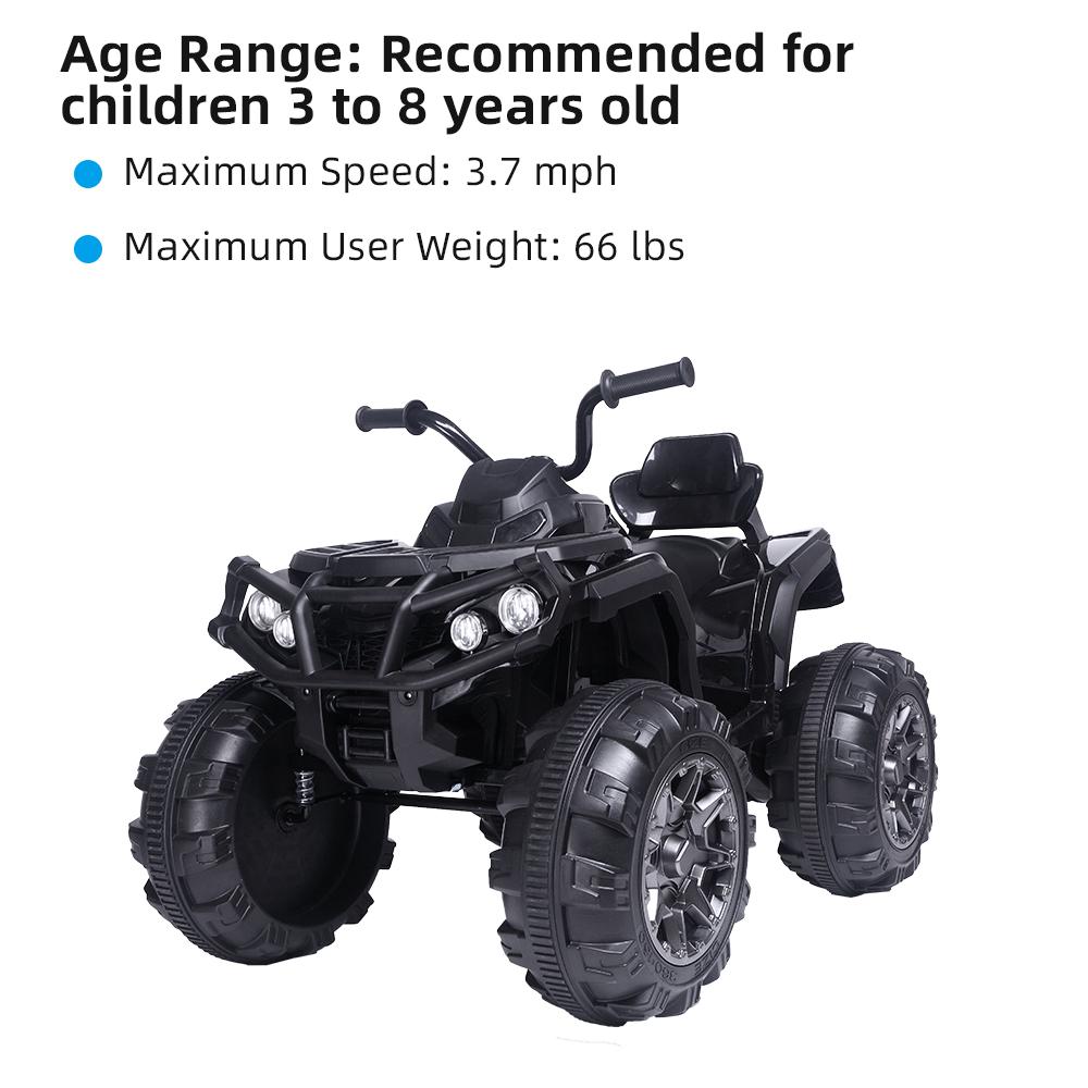 Clearance! Kids 12v Ride ON Toys, Battery Powered Ride ON Toys Car, 4-Wheeler ATV Ride ON Car w/ 3.7mph Max, 2 Speed, LED Lights, AUX Jack, Radio, Electric Motorcycle for Boys/Girls, Black, W1890