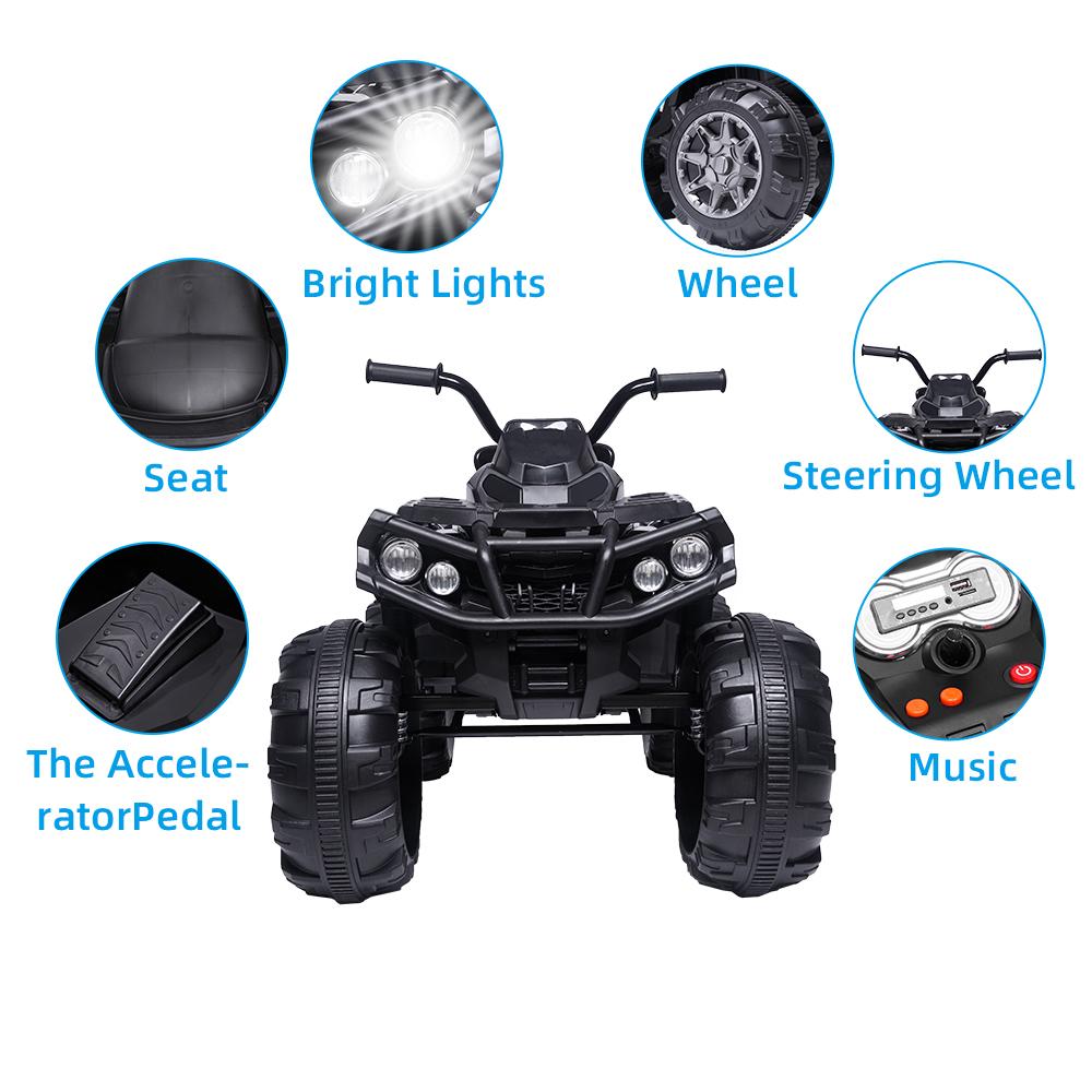 Kids Ride ON Toys 12 Volt Car, Battery Powered Quad Ride ON Cars, 4-Wheeler ATV Ride ON Toy w/ 2 Speed, LED Lights, AUX Jack, Radio, Electric Motorcycle for Boys / Girls, 3-8 Years Old, Black, W1846