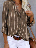 Cotton And Linen Striped Printed Long-sleeved Blouse