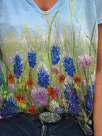 V-neck Floral Print Loose Short-sleeved T-shirt