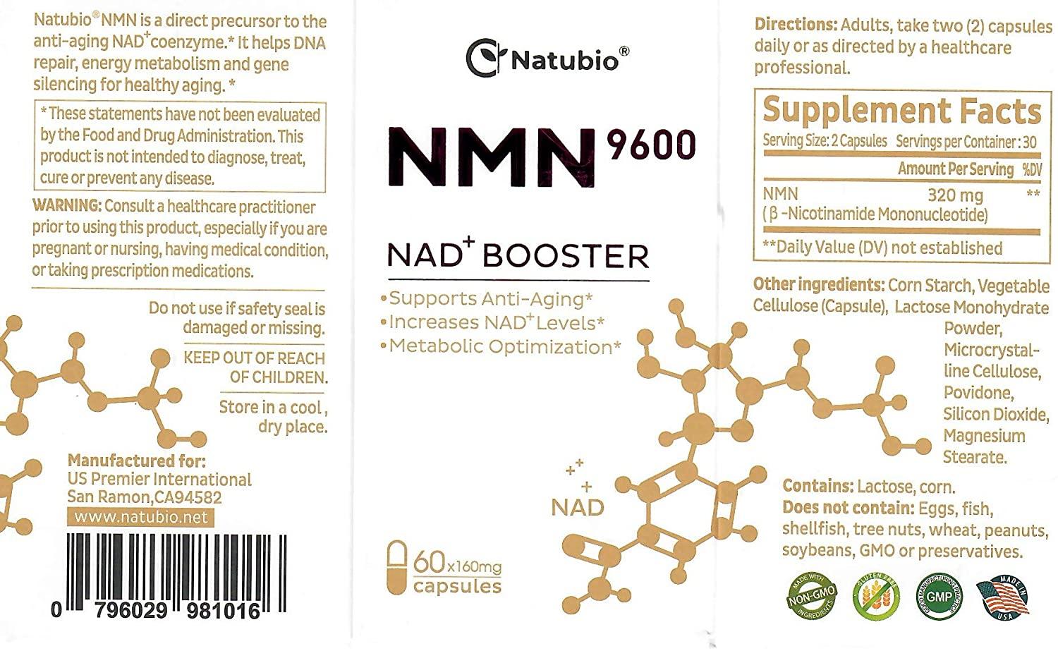 NMN 9600 Advanced Formula β-Nicotinamide Mononucleotide NAD+ Booster,Vitamin B3 Family, 320 mg per Serving - NAD+ Precursor – Help Promote DNA Repair,Boost Energy,Longevity - 60 Capsules