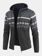 mens ethnic style knitted woolen zipper drawstring hooded sweater cardigan