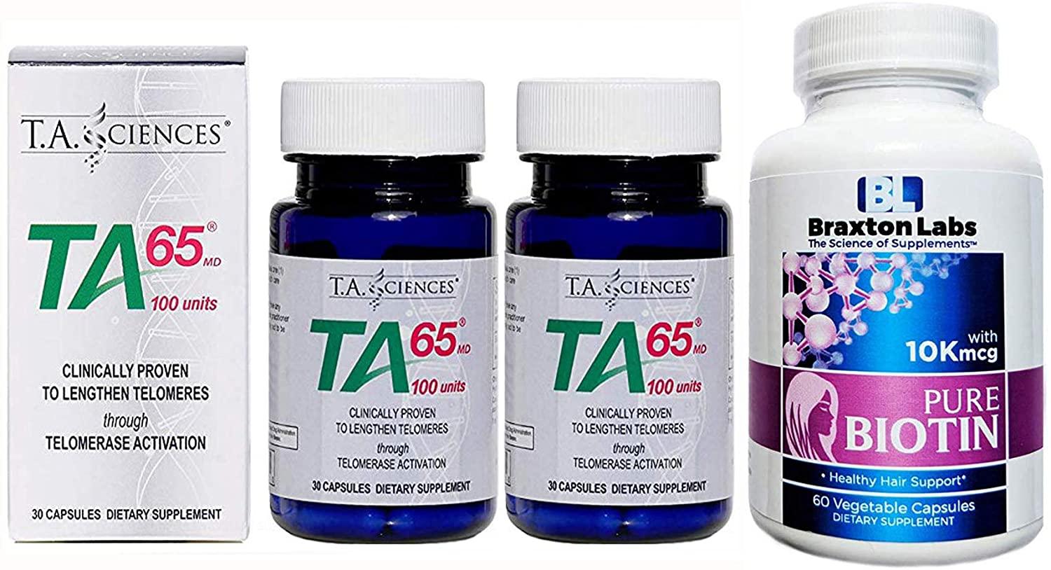 2 Pack TA-65 30 Capsules 100 Units Includes a Free Bottle of Braxton Labs Biotin 10mcg 60 Vegetable Capsules for Hair, Skin, Nails.