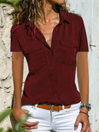 Turn Down Collar  Plain  Short Sleeve Blouse