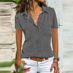 Turn Down Collar  Plain  Short Sleeve Blouse