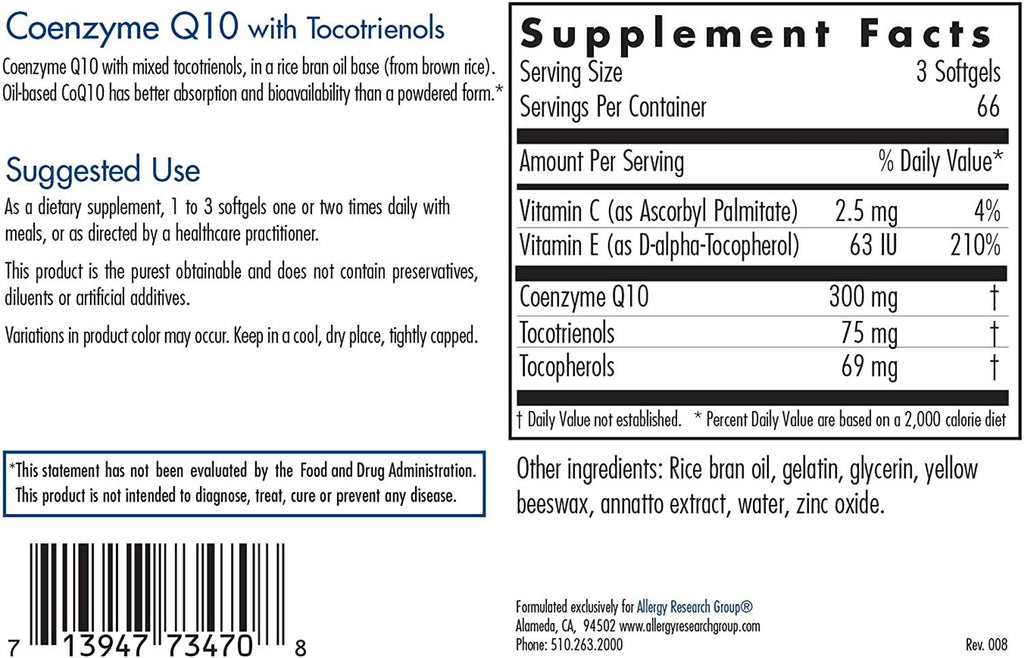 Allergy Research Group	CoQ10 100mg w/tocos 200sg